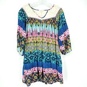 Umgee Mini Dress/Tunic Lace Yoke 3/4 Sleeve Bohemian Pockets Size M
